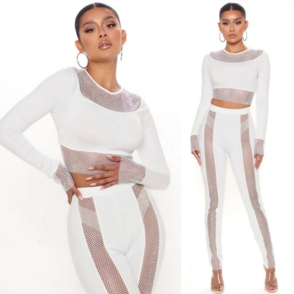 NWT On The Town White Rhinestone Co-ord Legging Set Size Medium